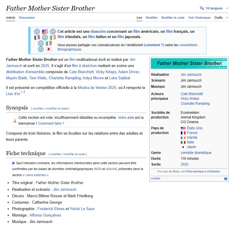 Page Wikipédia du film Father Mother Sister Brother de Jim Jarmusch