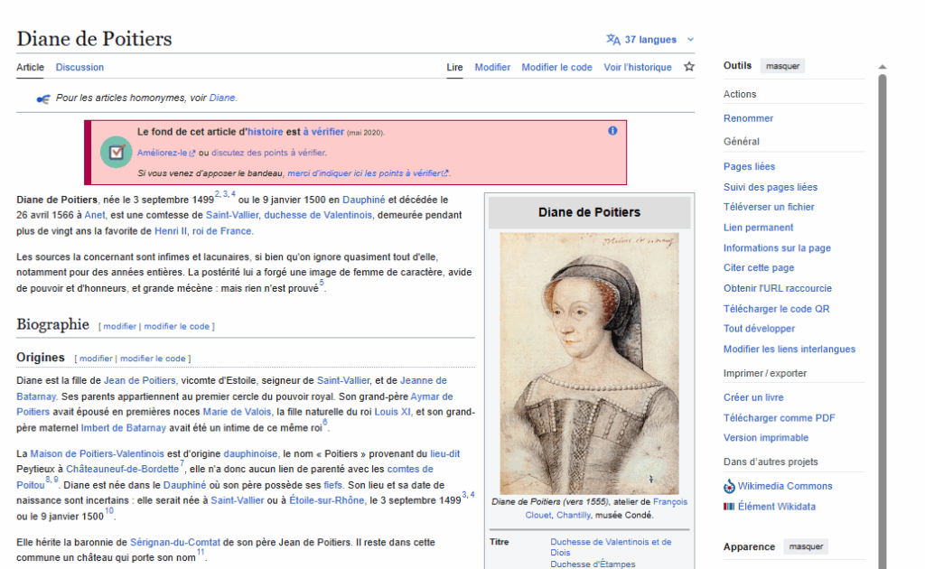 Capture d'écran Wikipédia Diane de Poitiers