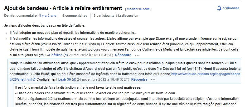 Capture d'écran Wikipédia Discussion Diane de Poitiers