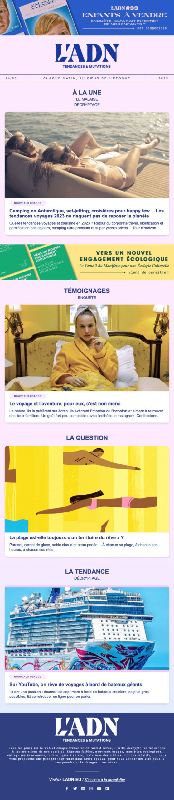 Newsletter de L’ADN intitulée « Tendances & Mutations », présentant les sujets à la une sur les voyages et l’écologie culturelle, avec des articles sur le tourisme durable, les croisières, les témoignages de voyageurs et les tendances 2023.