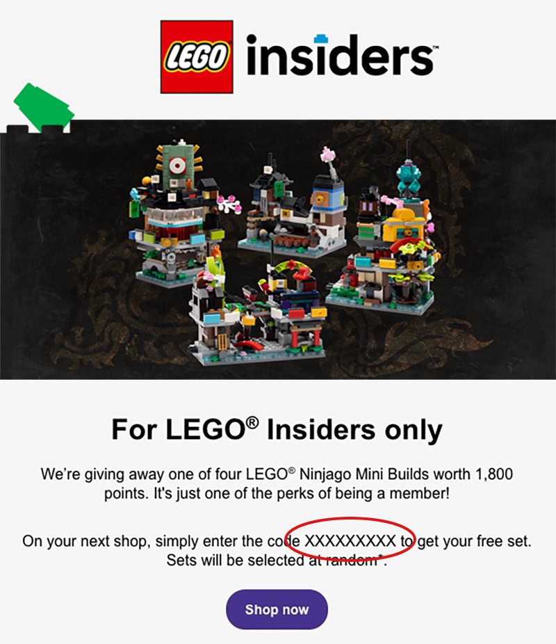 Newsletter LEGO Insiders annonçant une offre réservée aux membres pour remporter l’un des quatre mini-ensembles Ninjago, avec visuels colorés des constructions LEGO et bouton d’accès à la boutique en ligne.