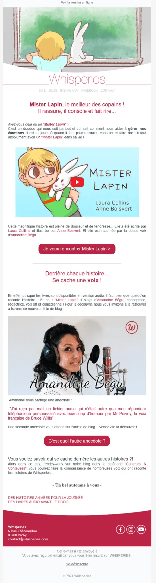 Newsletter de Whisperies présentant l’histoire pour enfants « Mister Lapin », avec des illustrations colorées, la présentation de l’autrice et de l’illustratrice, ainsi qu’une mise en avant d’Amandine Bégu, voix off et conteuse du livre audio.